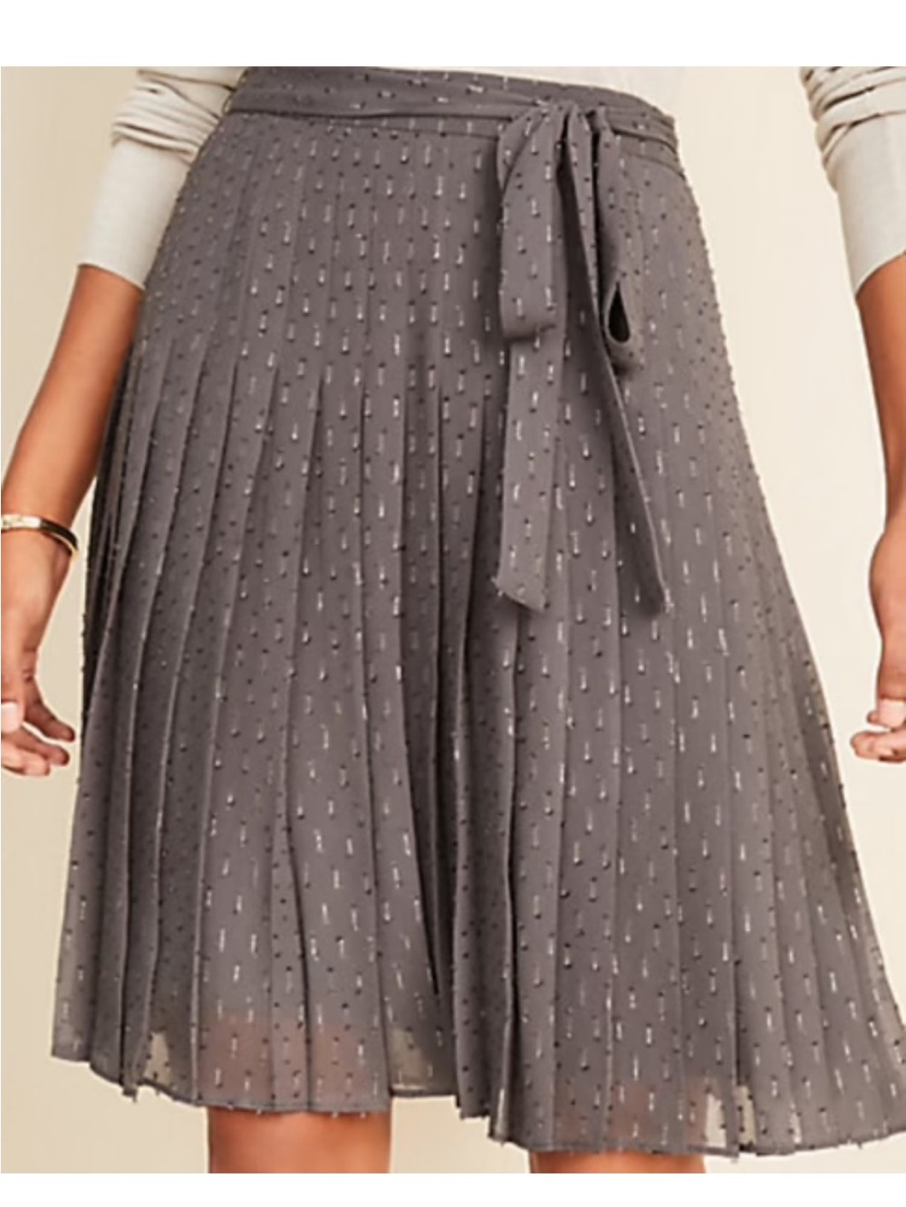 Ann Taylor Charcoal Gray Pleated Midi Skirt with Waist Tie
